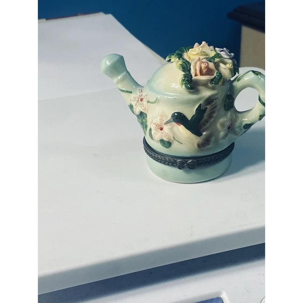 Vintage Porcelain Hinged Trinket Box Watering Can Hummingbird BumbleBee Flowers